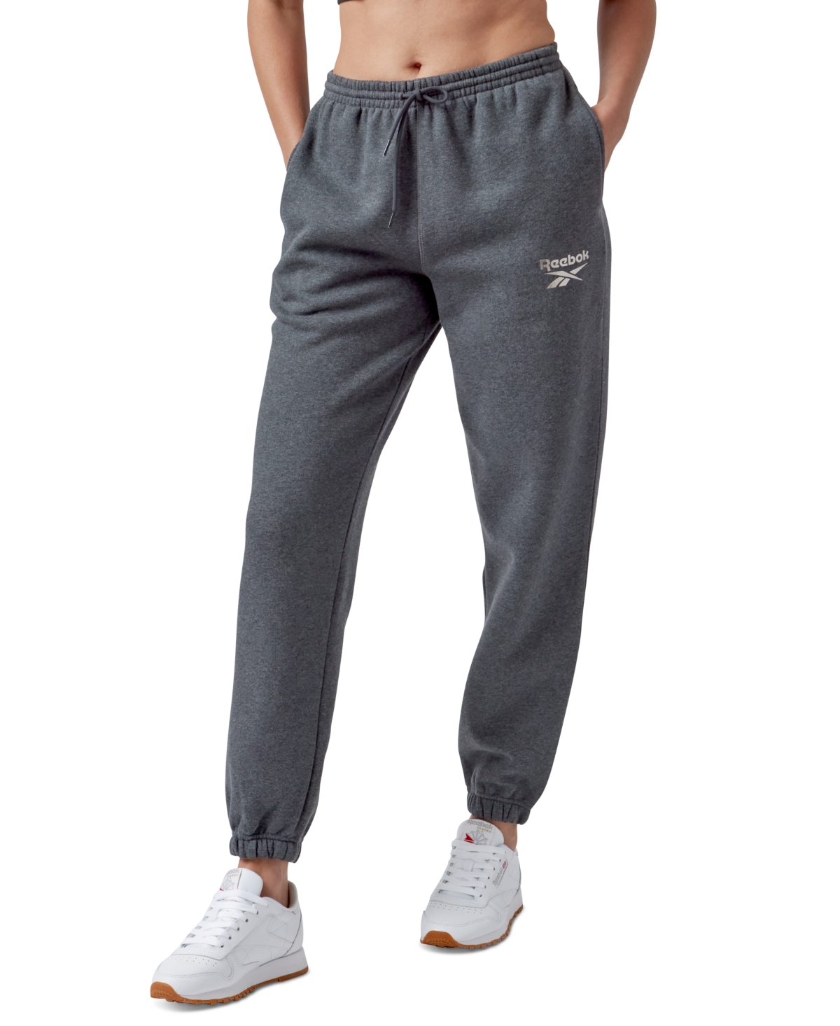 Reebok Women's Metallic Foil Logo Fleece Jogger Sweatpants, A Macy's Exclusive In Dark Grey Heather