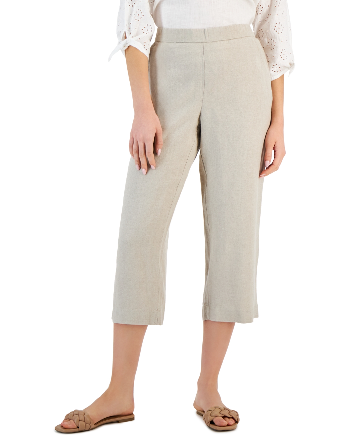 Women's 100% Linen Solid Cropped Pull-On Pants, Created for Macy's - Cool Olive
