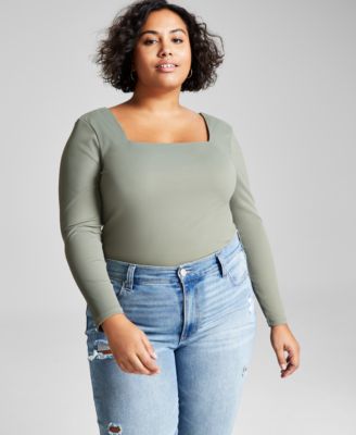 And Now This - Trendy Plus Size Square-Neck Long-Sleeve Top