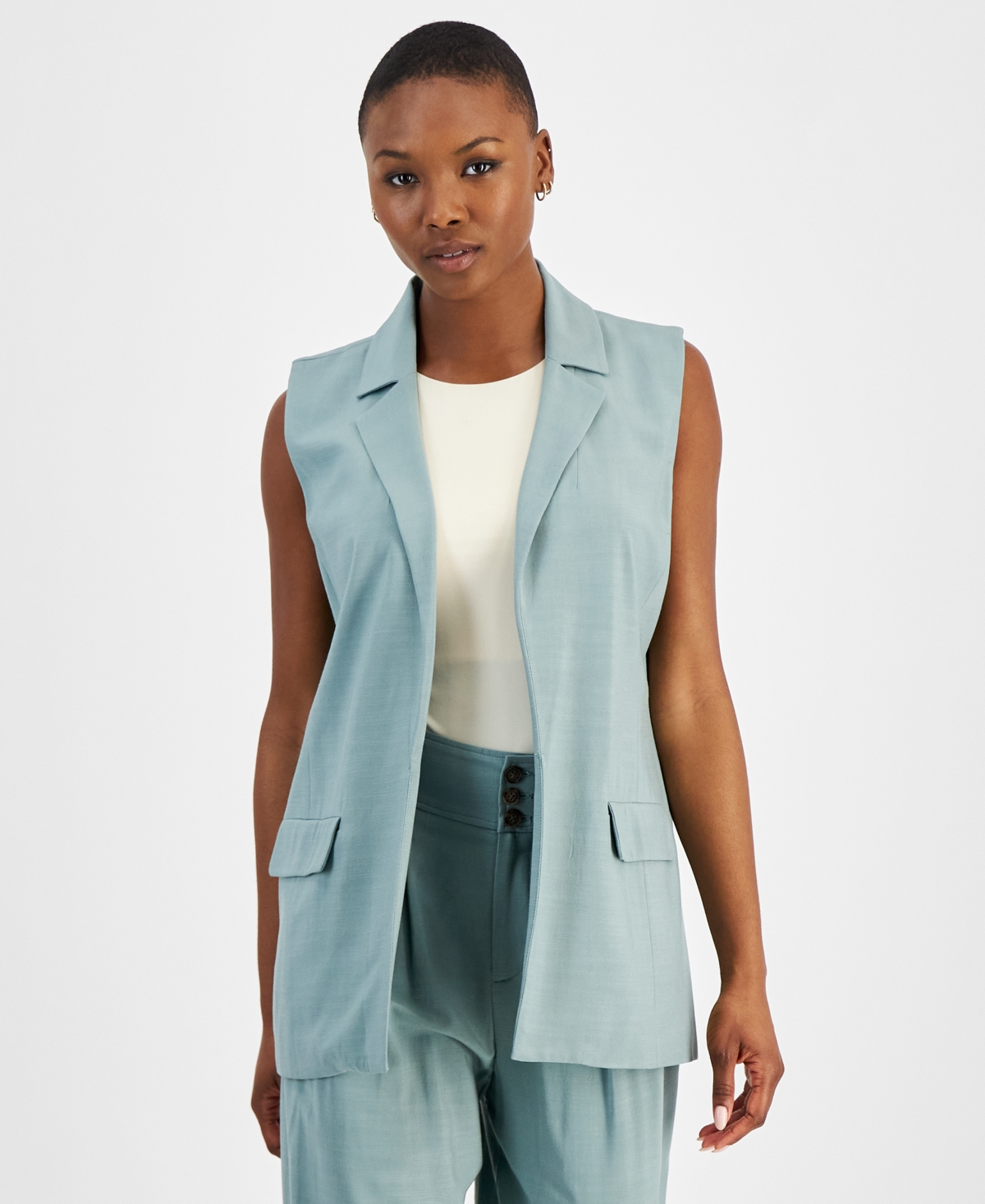 Bar Iii Petite Open-front Long Vest, Created For Macy's In Everglade Green