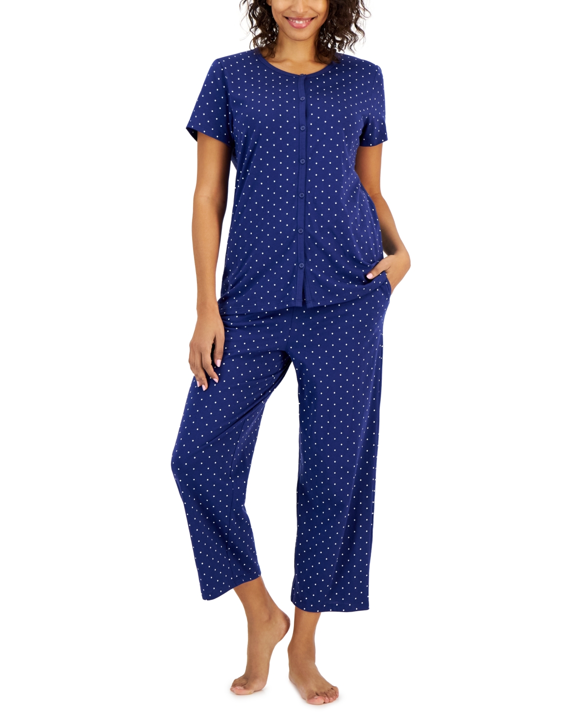 Charter Club Women's 2-pc. Cotton Printed Cropped Pajamas Set, Created For Macy's In Polka Dots