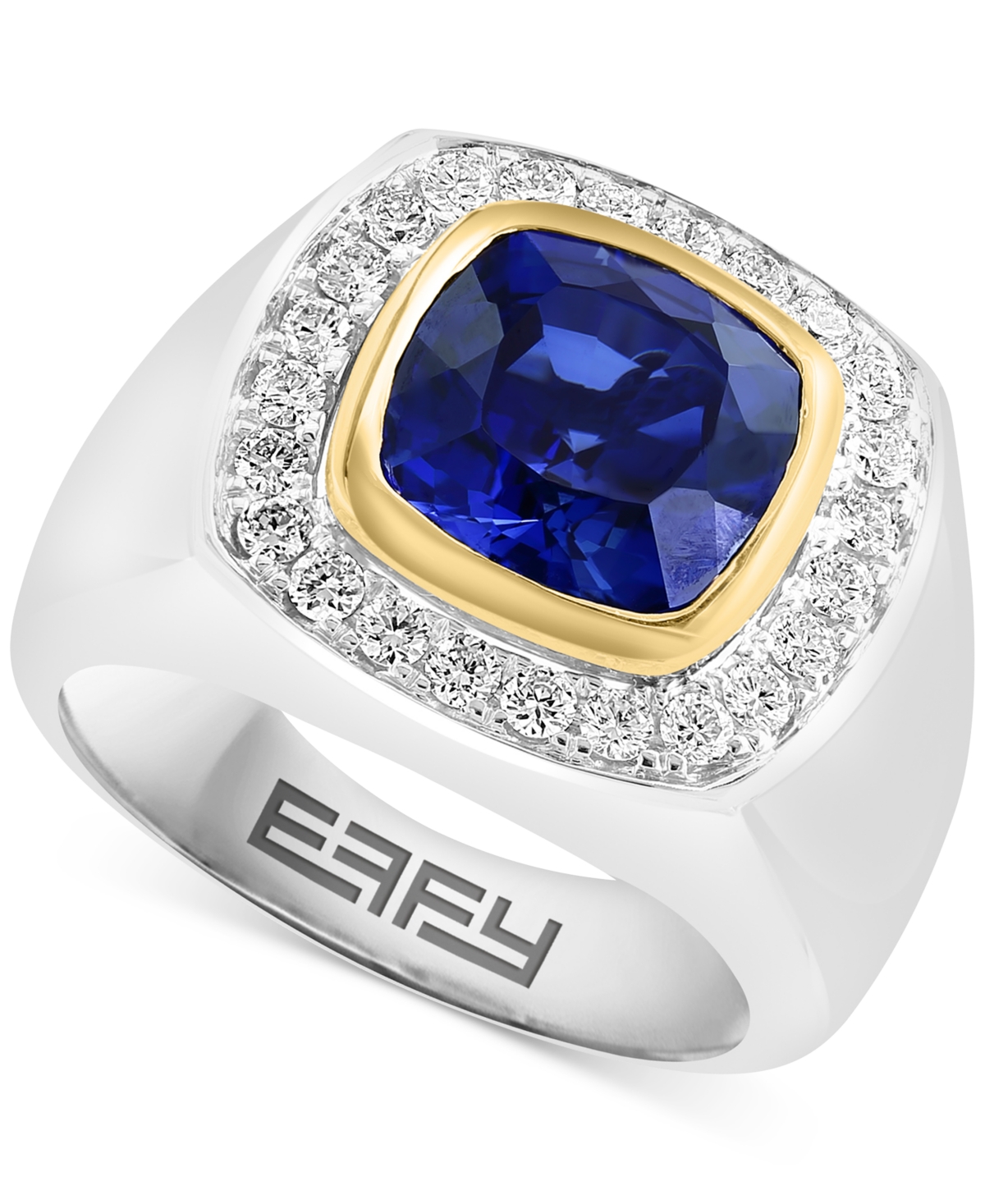 Effy Collection Effy Men's Lab Grown Sapphire (2-1/5 Ct. T.w.) & Lab Grown Diamond (5/8 Ct. T.w.) Halo Ring In 14k T In Two Tone