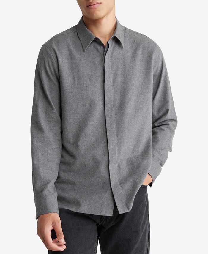 Sleeve - Button-Front Melange Flannel Calvin Shirt Men\'s Klein Long Macy\'s