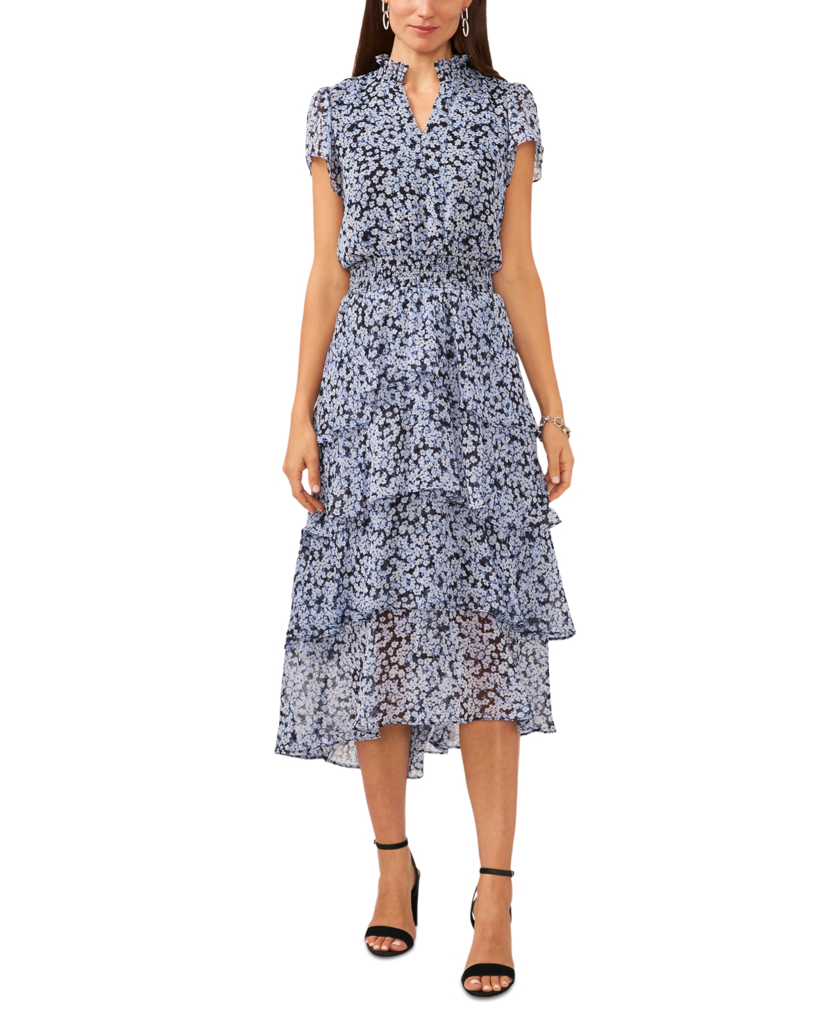 Women's Floral-Printed Smocked-Waist Tiered Midi Dress - Blue  White Floral