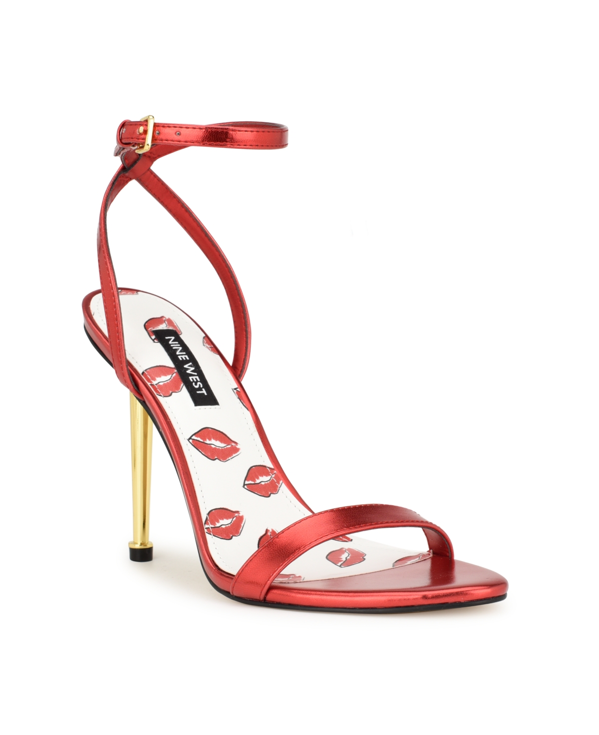 Nine West Women's Reina Almond Toe Stiletto Dress Sandals - Metallic Red- Faux Leather