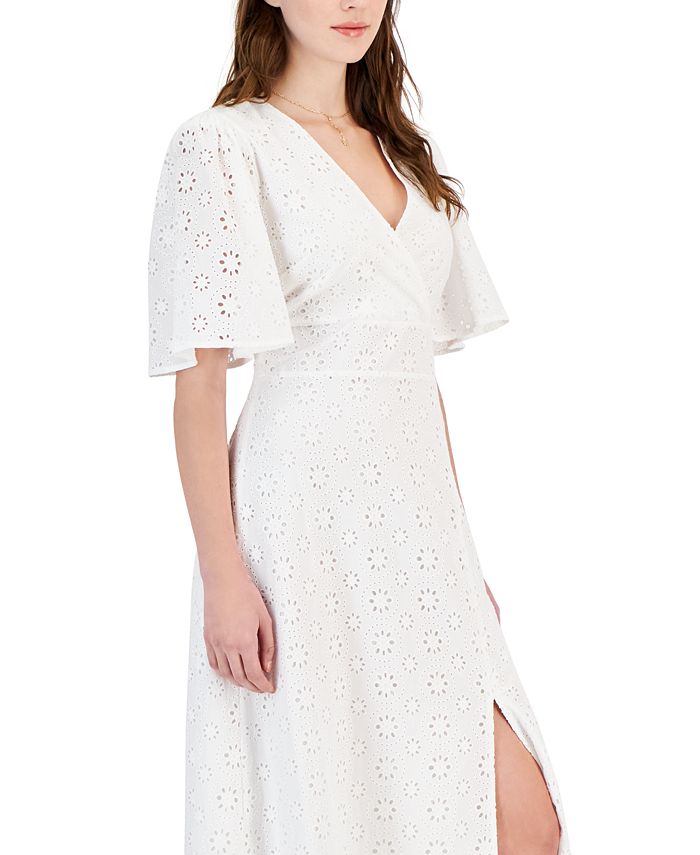 Blue & White Rose Printed Eyelet V-Neck Midi Dress