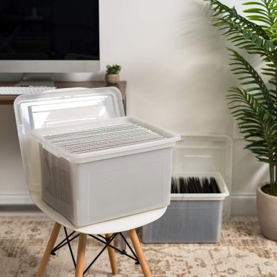 Letter & Legal Size Plastic Storage Bin Tote Organizing File Box with Durable and Secure Latching Lid, Stackable and Nestable, 4 Pack, Pearl