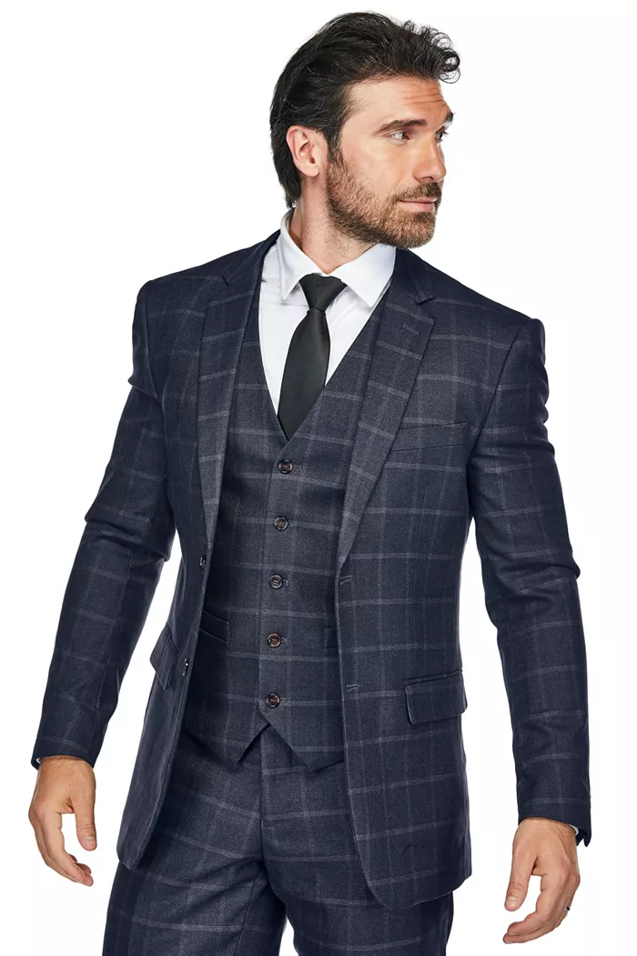 Men's 3-Piece Windowpane Plaid Slim Fit Suit - thumbnail 2