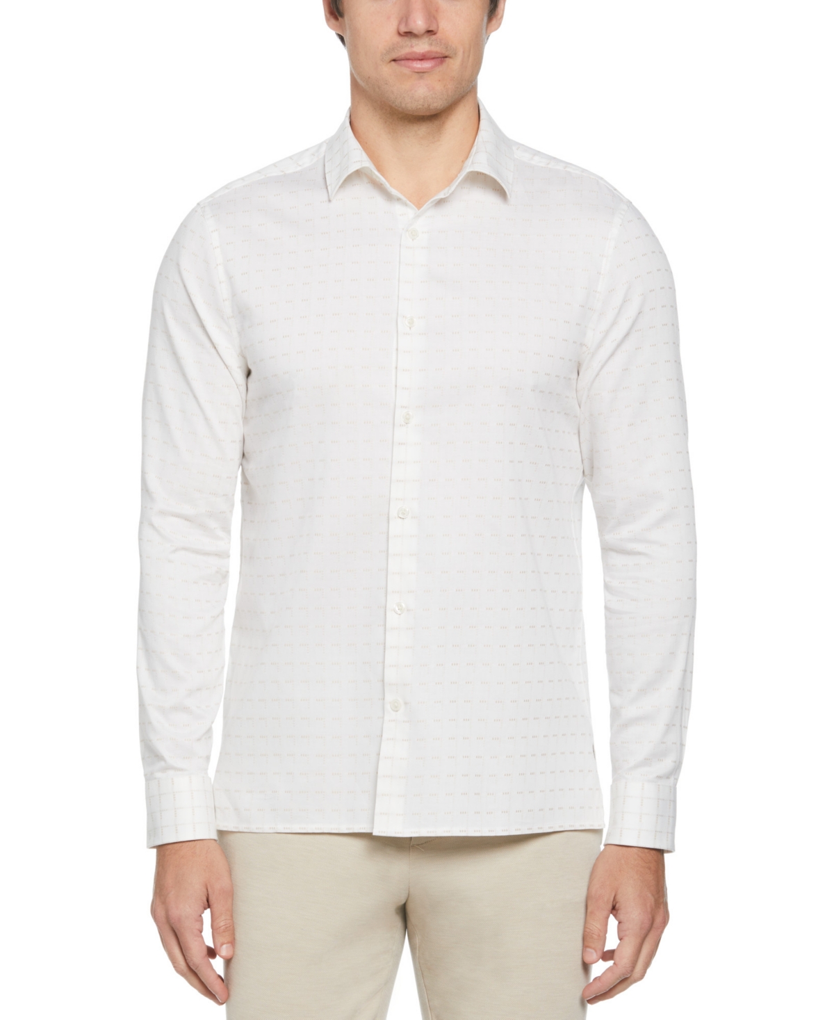 Perry Ellis Men's Dobby Geo-print Long-sleeve Button-front Shirt In Bright White
