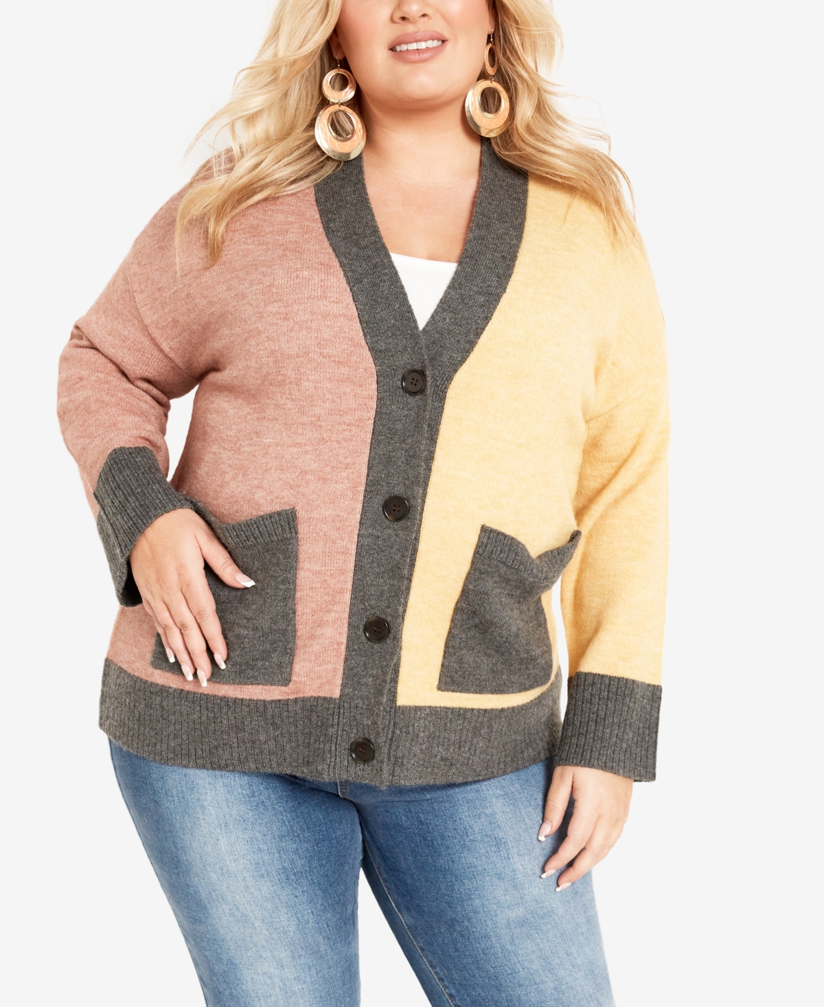 Avenue Plus Size Zola Colorblock V-neck Cardigan Sweater In Gold Combo
