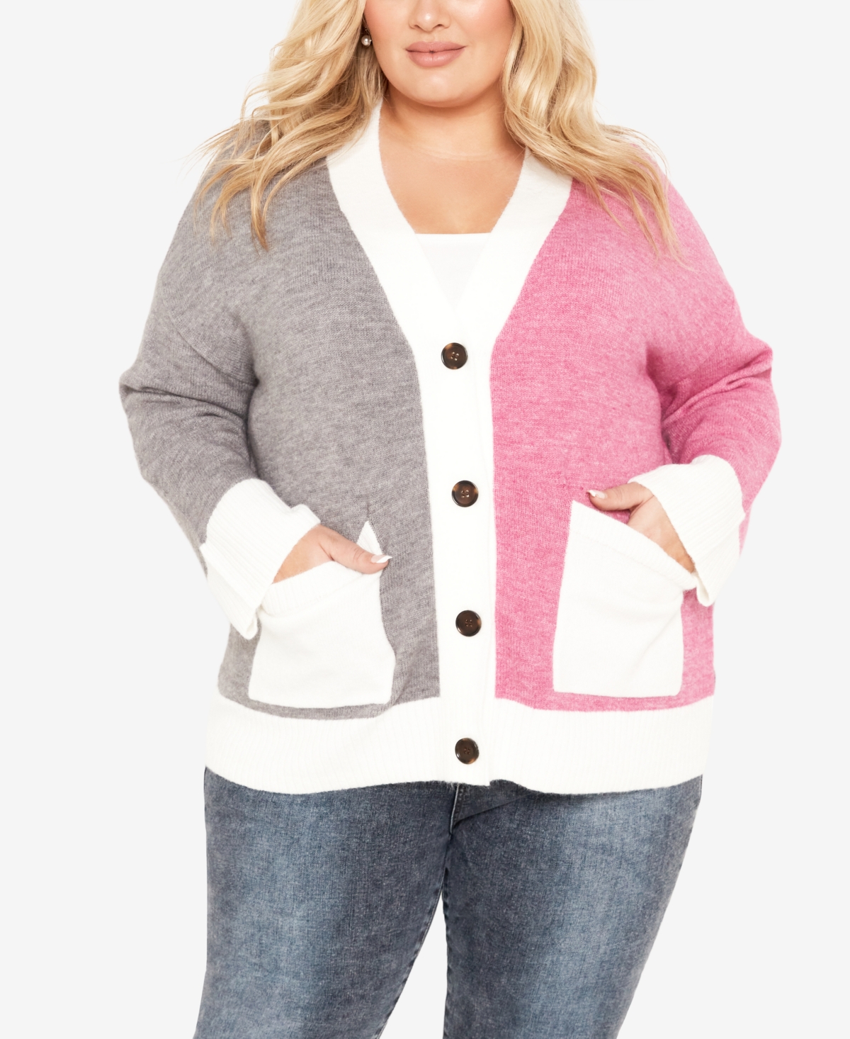 Avenue Plus Size Zola Colorblock V-neck Cardigan Sweater In Ivory