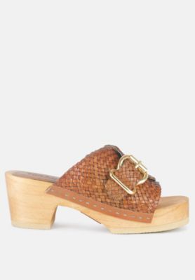 Rag and Co Womens Yoruba Braided Leather Buckled Slide Clogs