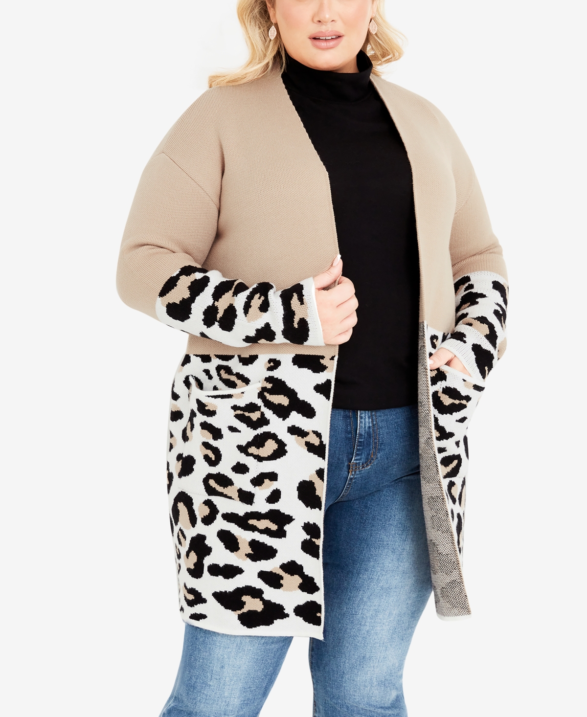 Avenue Plus Size Ula Splice Coatigan Sweater In Pink Leopard