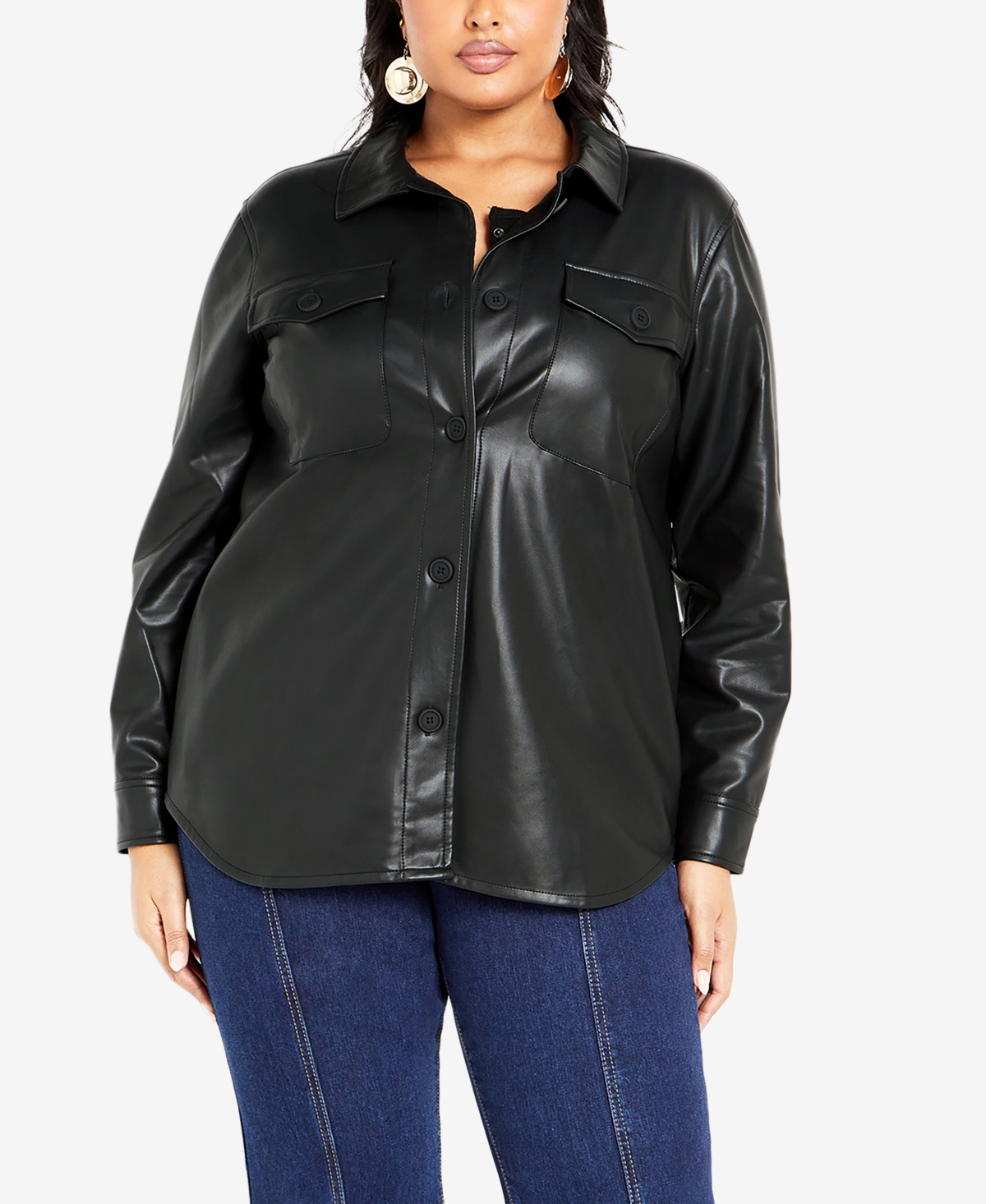 Avenue Plus Size Tyler Faux Leather Shacket Jacket In Black