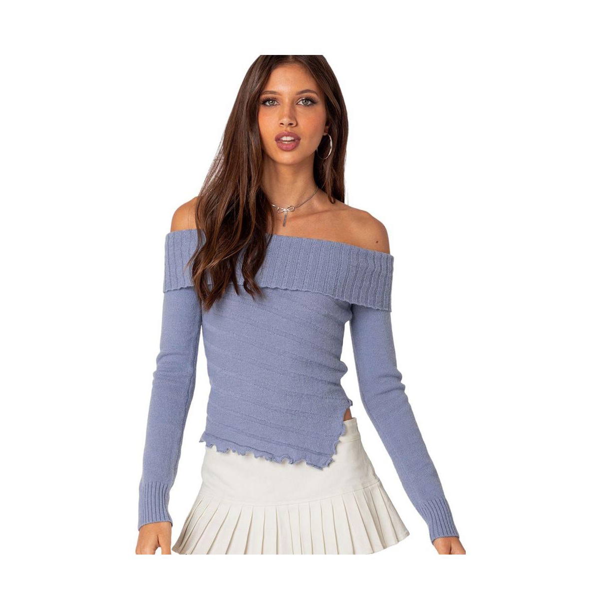Women's Sonya fold over knit sweater top - Blue