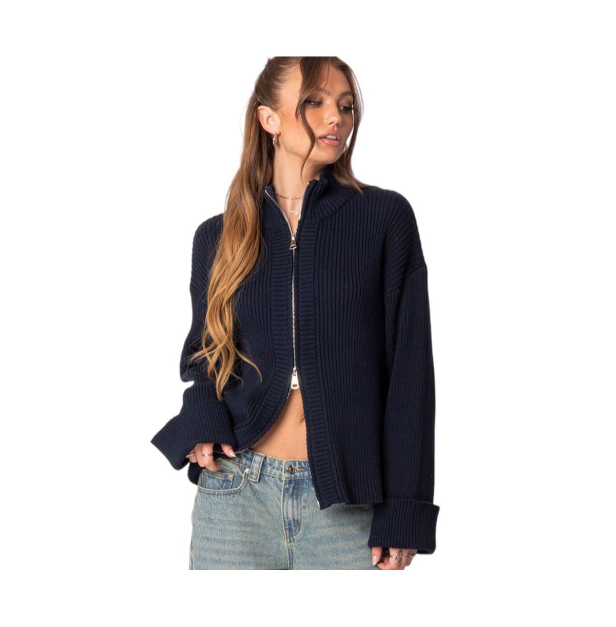 Women's Oversized zip up turtle neck cardigan - Navy