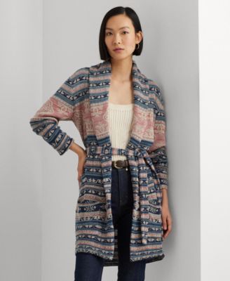 로렌 랄프로렌 Lauren Ralph Lauren Womens Geo-Motif Belted Linen-Cotton Cardigan Regular & Petite,Multi