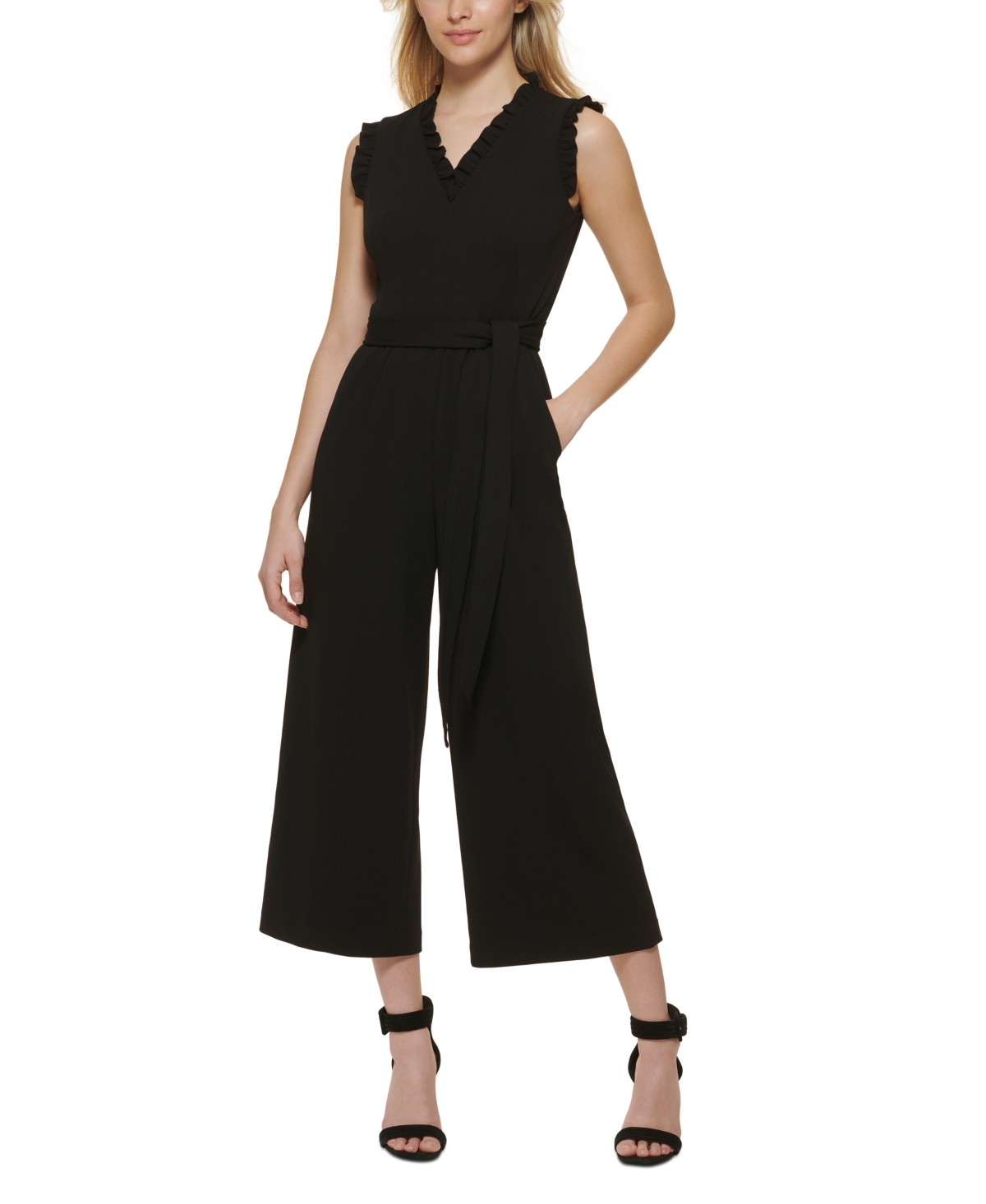 Shop Calvin Klein Women's Ruffle-trimmed Jumpsuit In Black