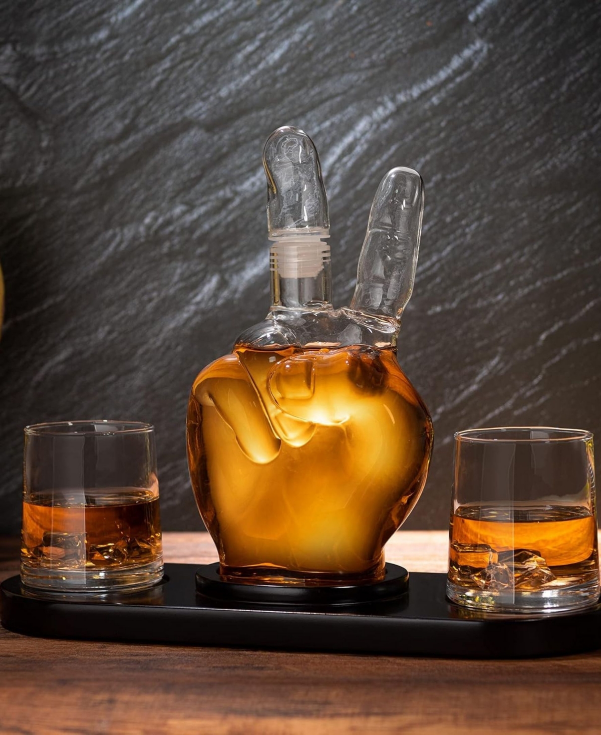 The Wine Savant Peace Sign Wine and Whiskey Decanter with Glasses Set, 4 Piece Set
