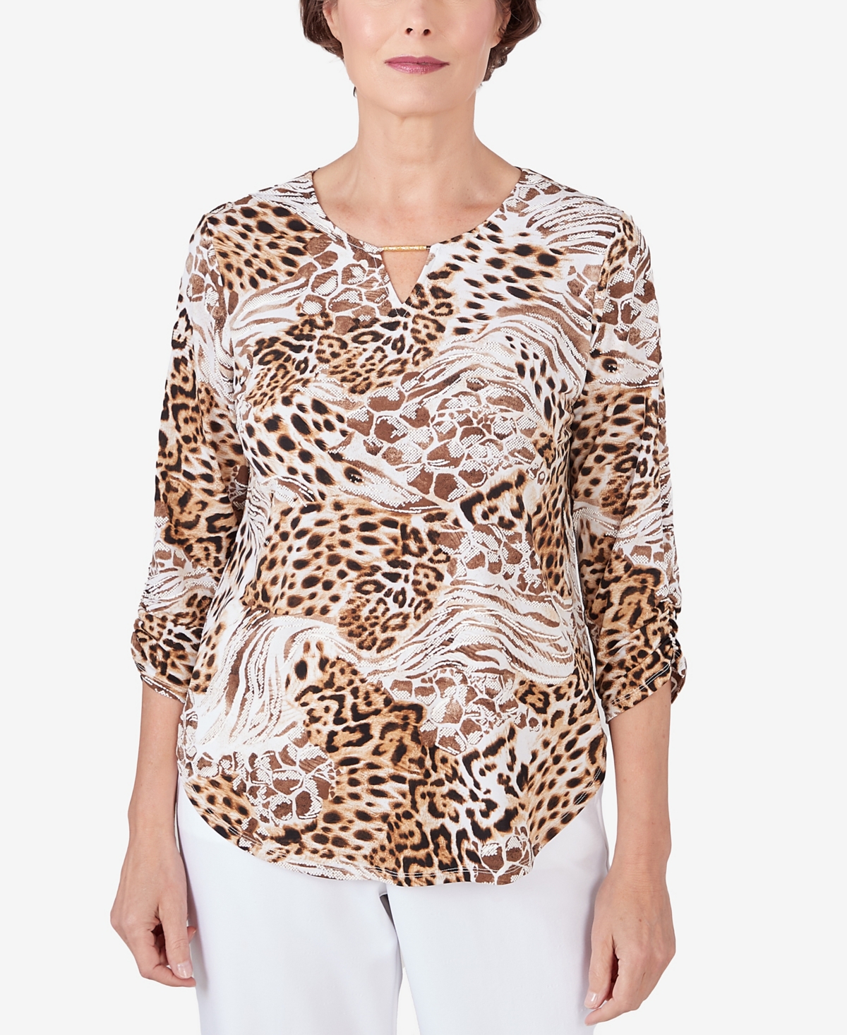 Shop Alfred Dunner Petite Classic Puff Print Mixed Animal Print Split Neck Top In Tan