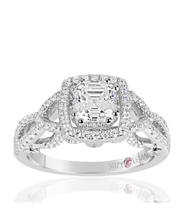 Suzy Levian Sterling Silver Asscher Cut White Cubic Zirconia Engagement Ring
