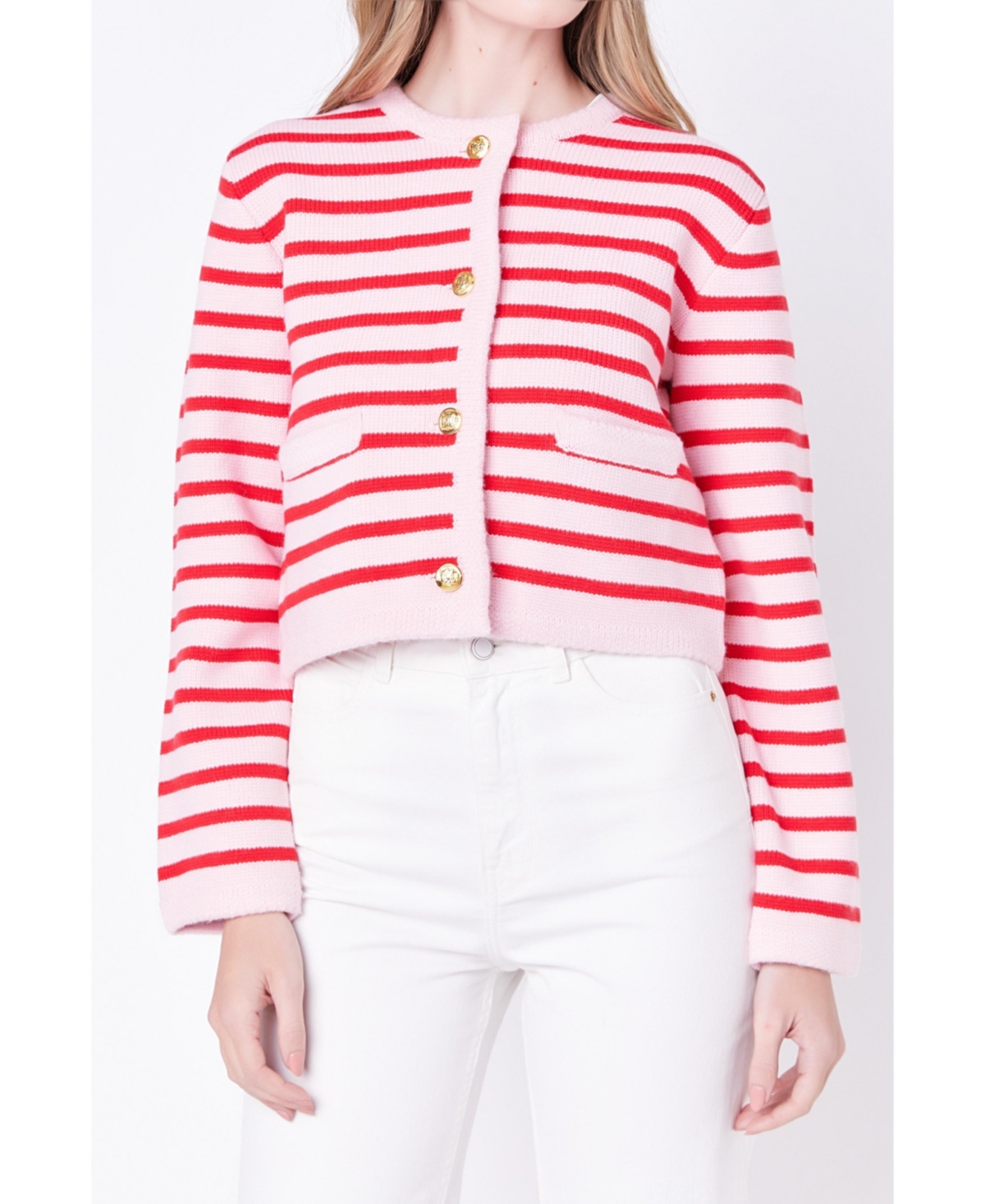 English Factory Women's Knit Striped Sweater Cardigan In Pink,red