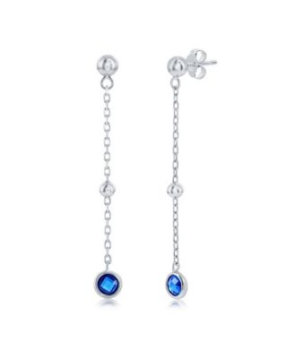 Sterling Silver Bezel-Set CZ Bead Chain Earrings (White, Green, Blue Or Red)