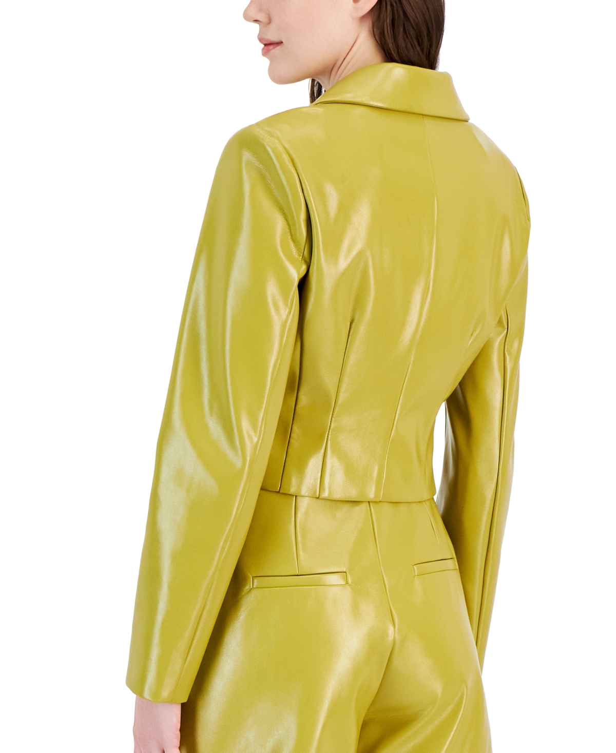 Shop Avec Les Filles Women's Faux Leather Cropped One-button Blazer In Warm Green