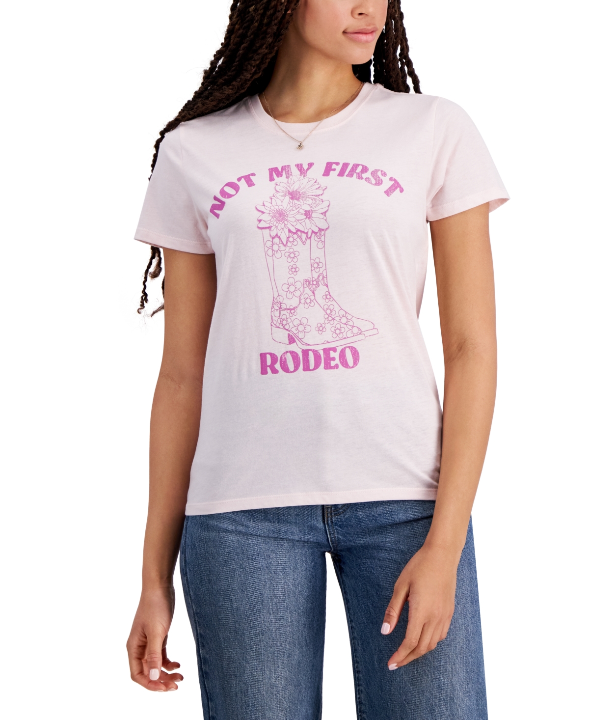 Rebellious One Juniors' Not My First Rodeo Boot-graphic T-shirt In Pink Dogwood