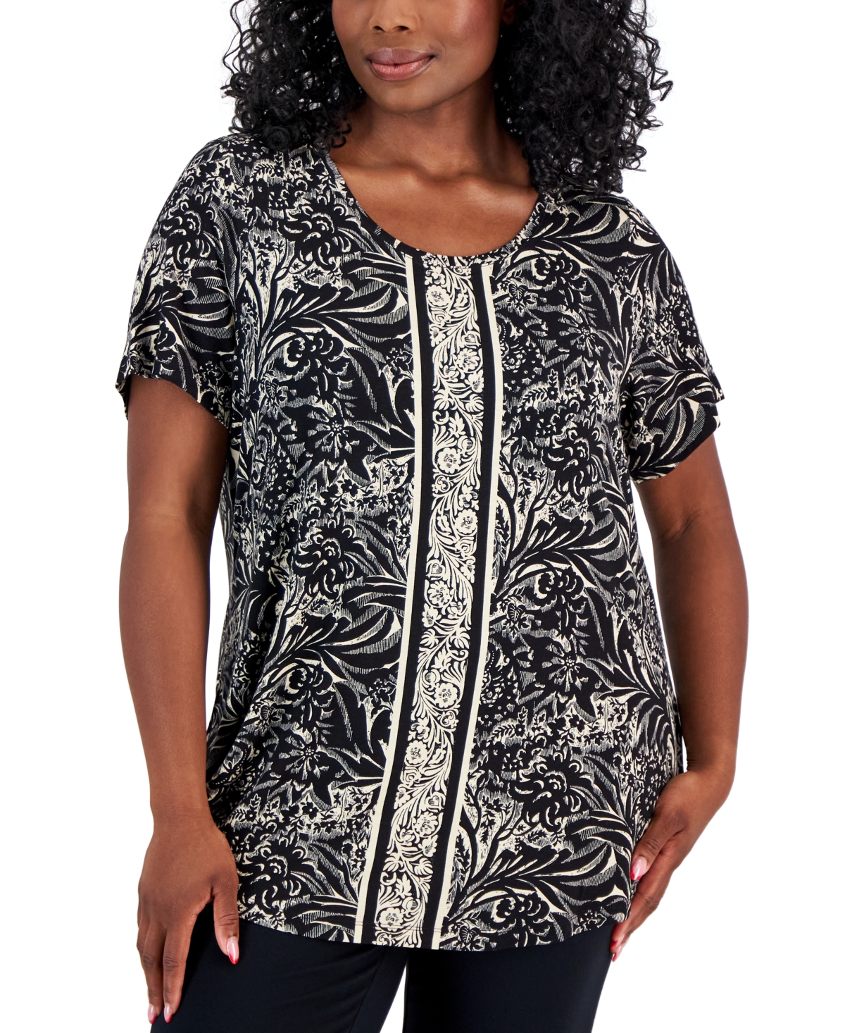Plus Size Runway Print Short-Sleeve Top, Created for Macy's - Phlox Pink Combo