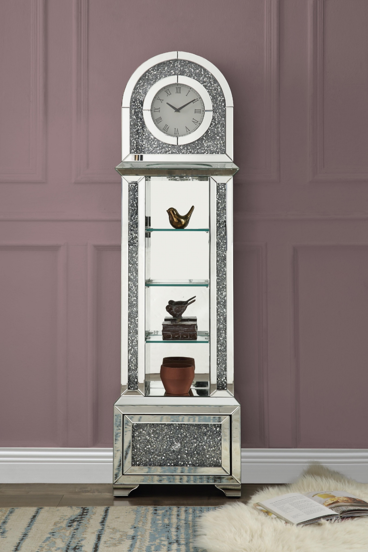 Streamdale Furniture Noralie Grandfather Clock with Led Mirrored & Faux Diamonds