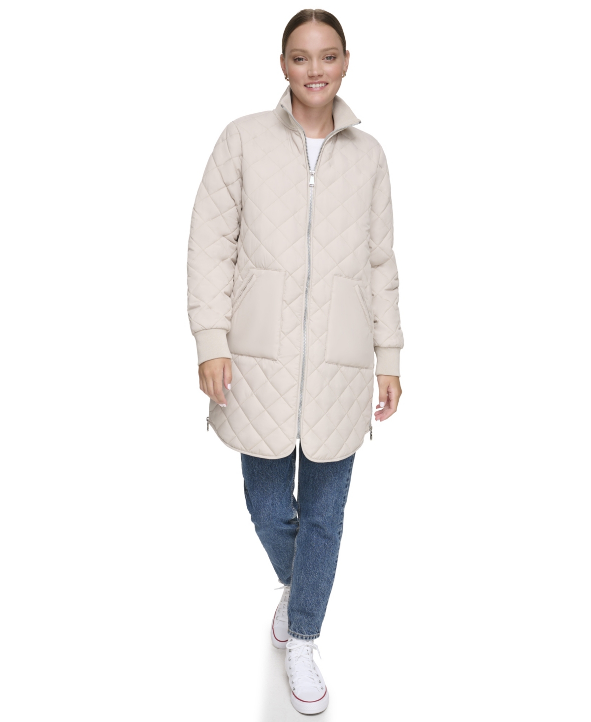 Women's Quilted Longline Jacket With Side Zipper Vents - Twine
