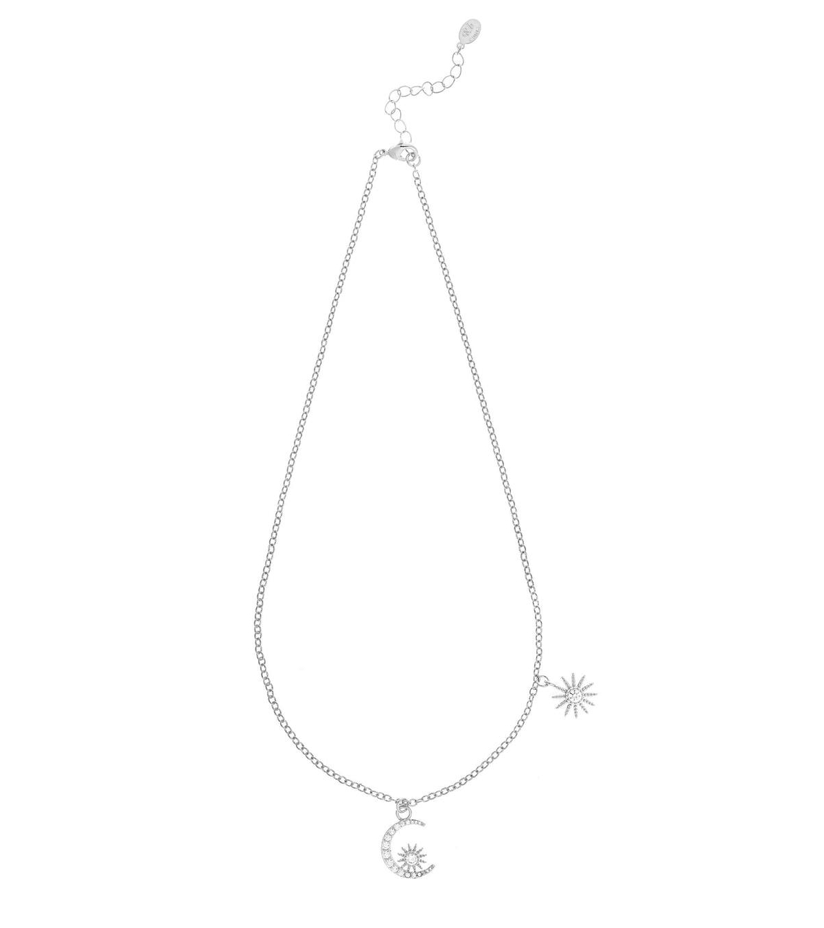 Rhodium Moon & Star Necklace - Silver with clear cubic zirconia