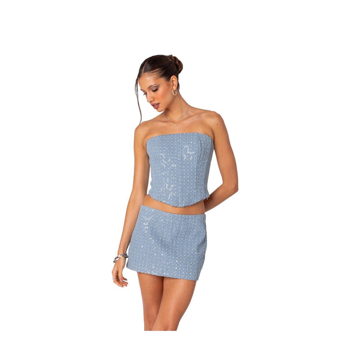 Women's Icing embellished denim corset top - Light-blue