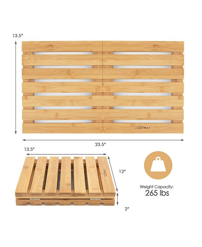 Costway Bamboo Bath Mat Foldable Shower Mat w/ Nonslip Pads & Slatted