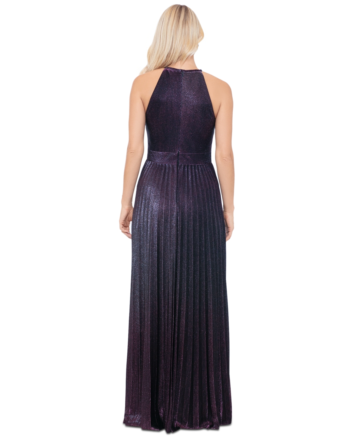 Shop Betsy & Adam Petite Metallic Halter Pleated Gown In Navy Silver