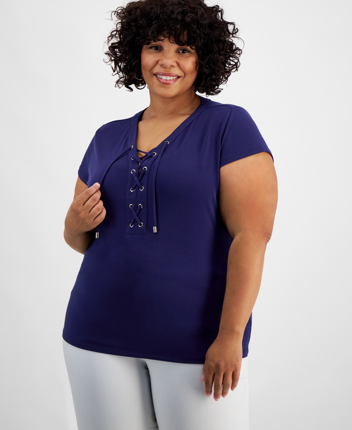 Inc International Concepts Plus Size Lace-up-neck Short-sleeve Top, Created For Macy's In Sapphire Crush