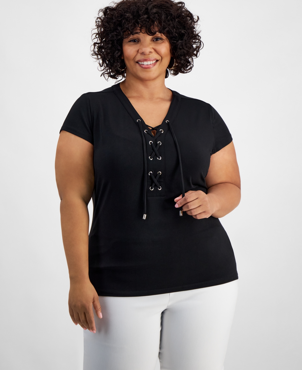 Inc International Concepts Plus Size Lace-up-neck Short-sleeve Top, Created For Macy's In Deep Black
