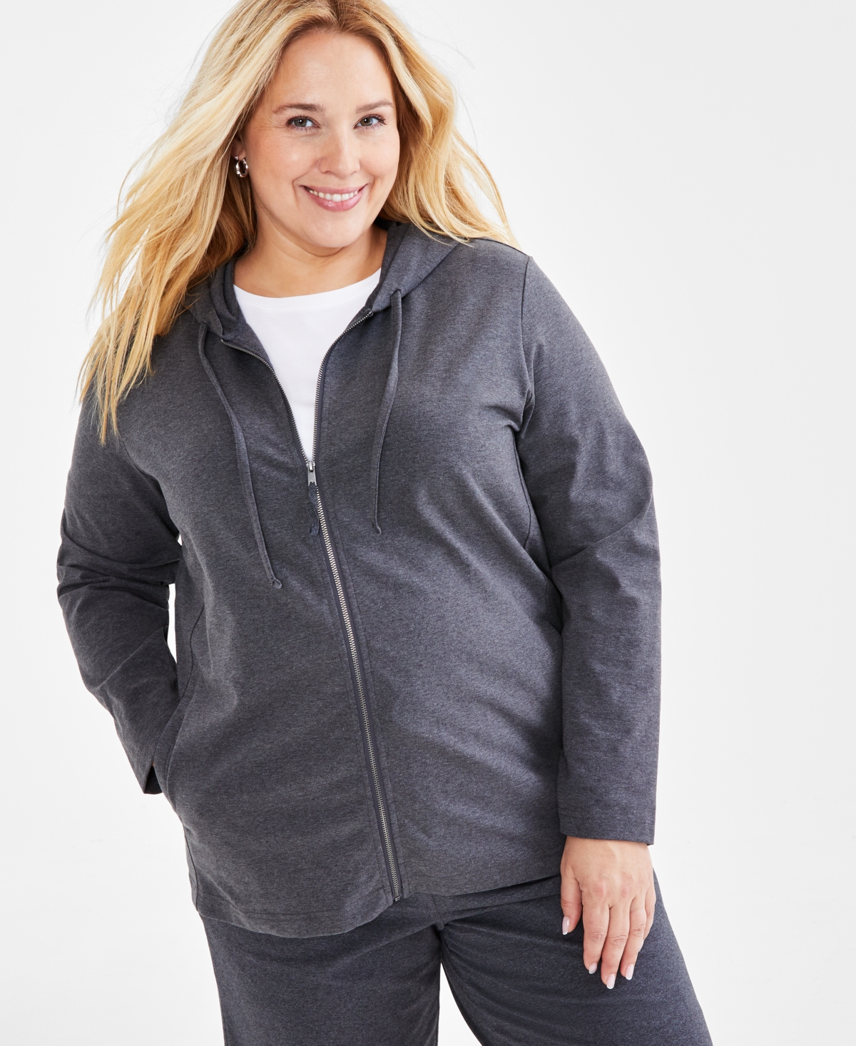 Style & Co Plus Size Zip-up Hooded Sweatshirt, Created For Macy's In Charcoal Heather