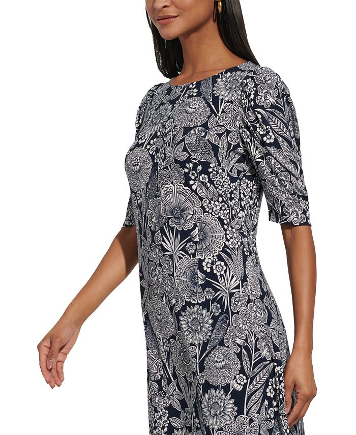 TOMMY HILFIGER Womens Tie 3/4 Sleeve Above The Knee Shift Dress