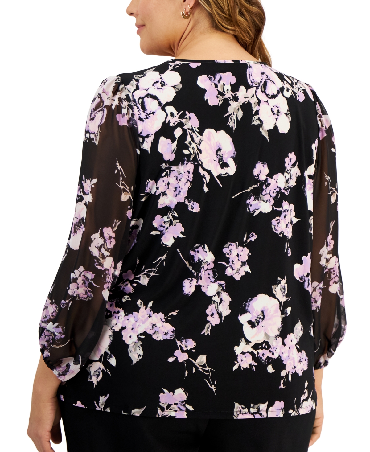 Shop Kasper Plus Size Floral-print Chiffon-sleeve Blouse In Black,lavender Mist Multi