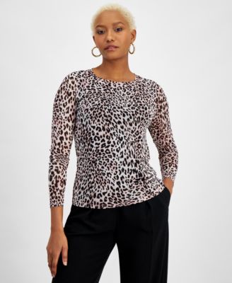 Bar III - Women's Animal-Print Long-Sleeve Mesh Top