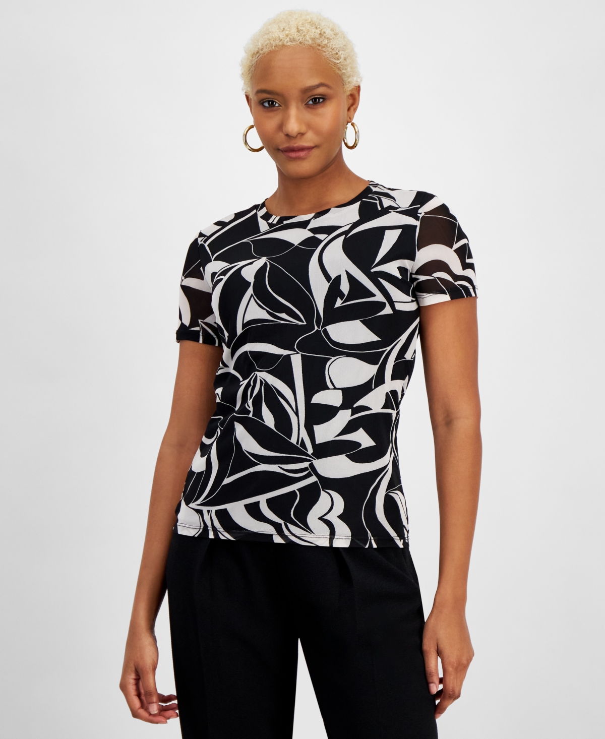 Women's Abstract-Print Mesh Top, Created for Macy's - Black/bar White