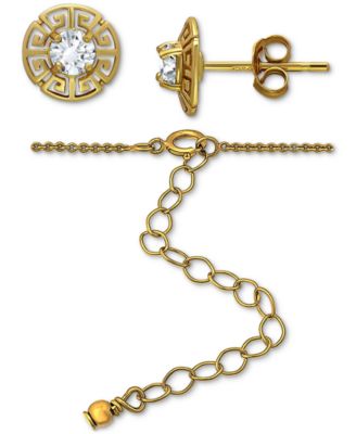 2-Pc. Set Cubic Zirconia Greek Key Pendant Necklace & Matching Stud Earrings in 18k Gold-Plated Sterling Silver, Created for Macy's