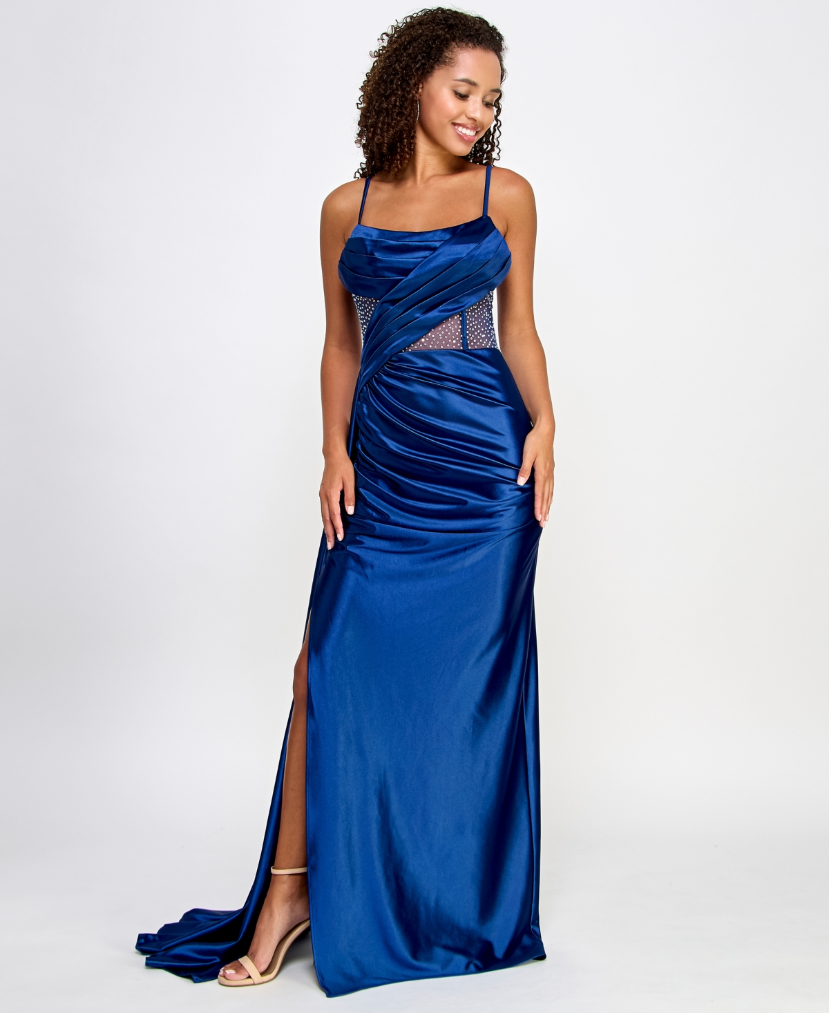 B Darlin Juniors' Pleated Illusion-trim Corset Gown, Created For Macy's In Navy,navy