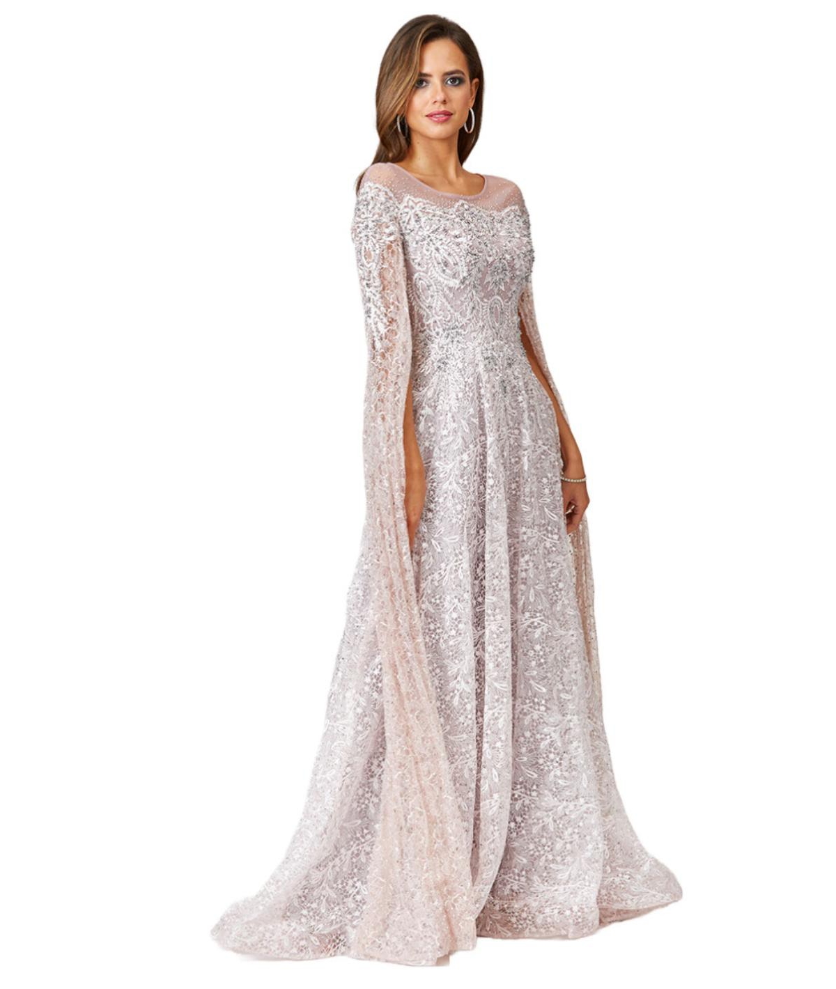 Women's Lace Gown with Dramatic Cape Sleeves - Slate