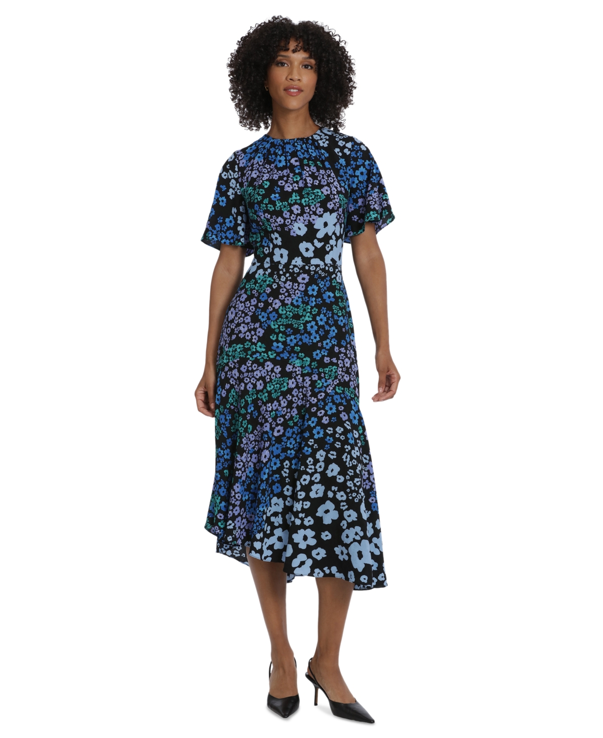 Women's Asymmetrical Printed Midi Dress - Black/Blue