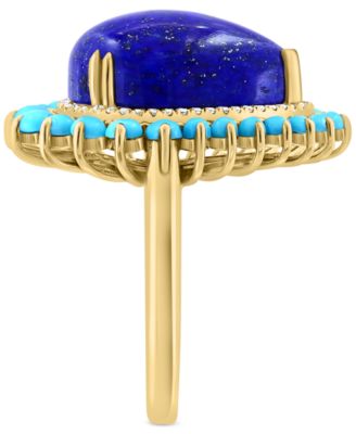 EFFY&reg; Lapis Lazuli, Turquoise, & Diamond (1/6 ct. t.w.) Pear Halo Ring in 14k Gold