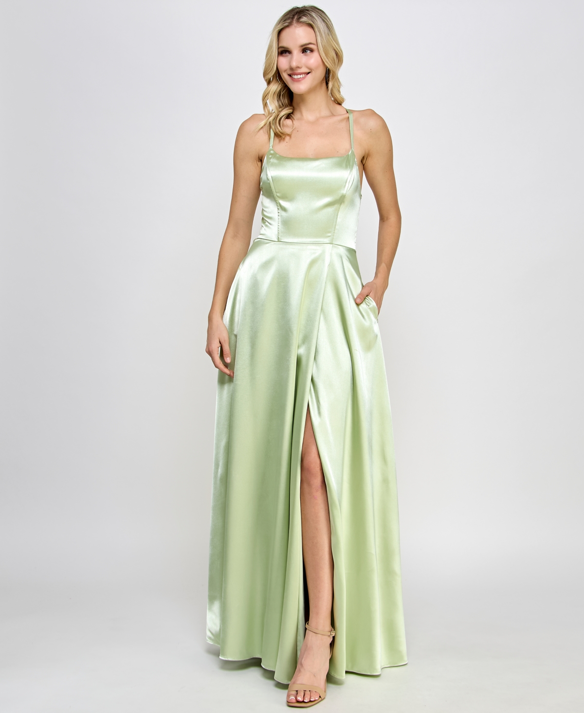 Juniors' Satin Front-Slit Lace-Up Gown, Created for Macy's - Pistachio