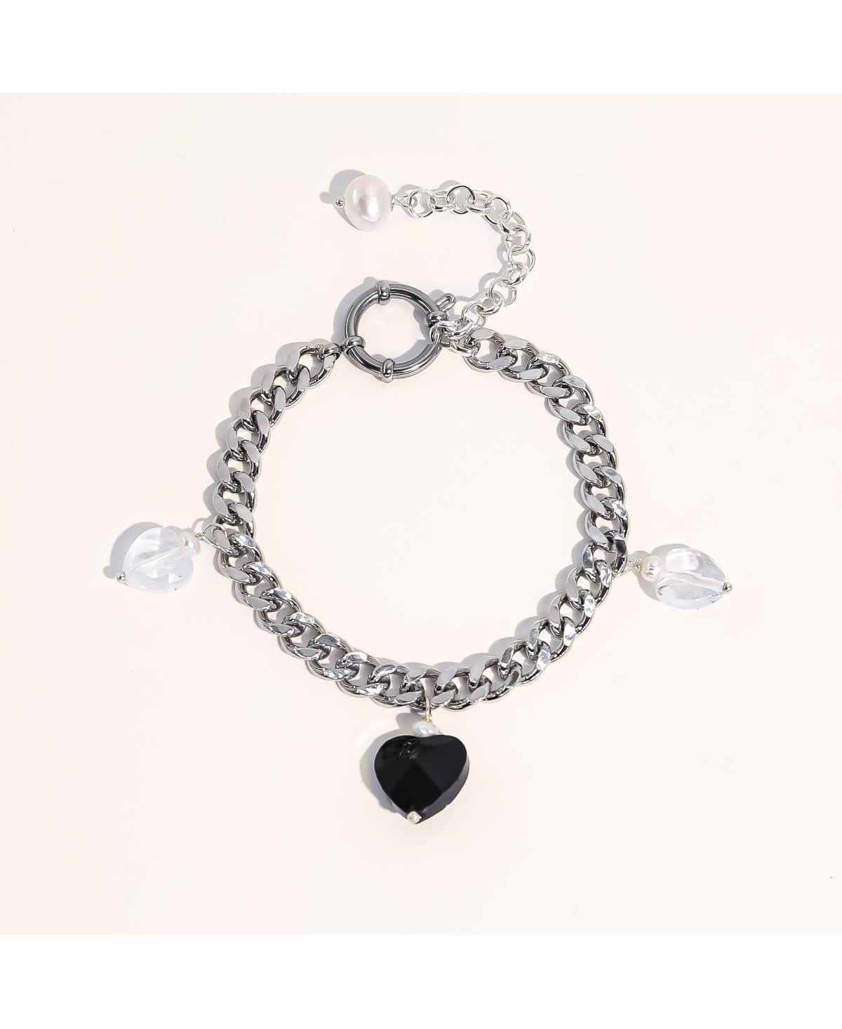 Robyn Black Heart Charm Freshwater Pearl Silver Bracelet For Women - Silver and black